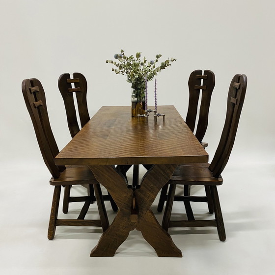 Image 1 of Brutalist Solid Oak Dining Room Set Art Furniture De Puydt 1970