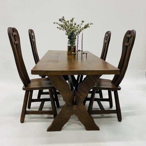 Brutalist Solid Oak Dining Room Set Art Furniture De Puydt 1970