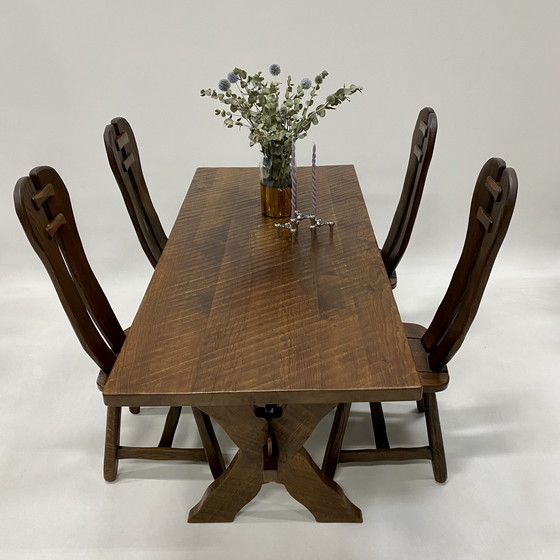 Image 1 of Brutalist Solid Oak Dining Room Set Art Furniture De Puydt 1970