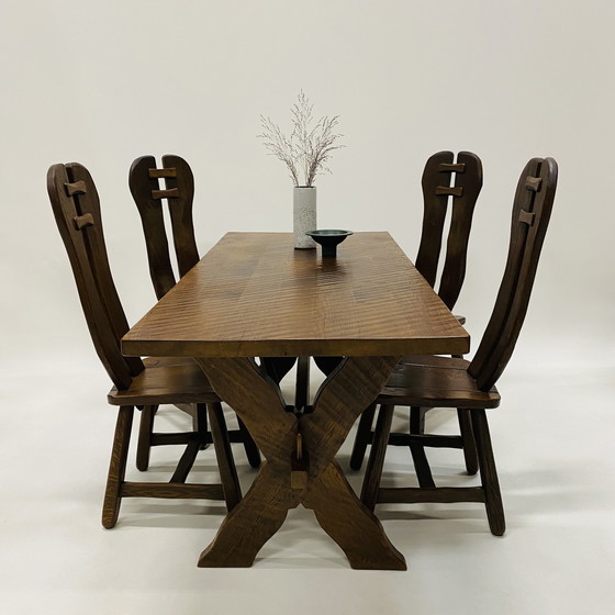 Image 1 of Brutalist Solid Oak Dining Room Set Art Furniture De Puydt 1970