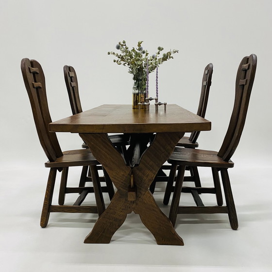 Image 1 of Brutalist Solid Oak Dining Room Set Art Furniture De Puydt 1970