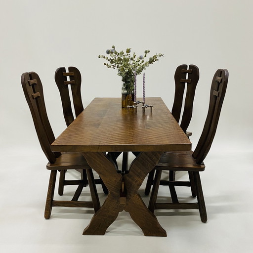 Brutalist Solid Oak Dining Room Set Art Furniture De Puydt 1970