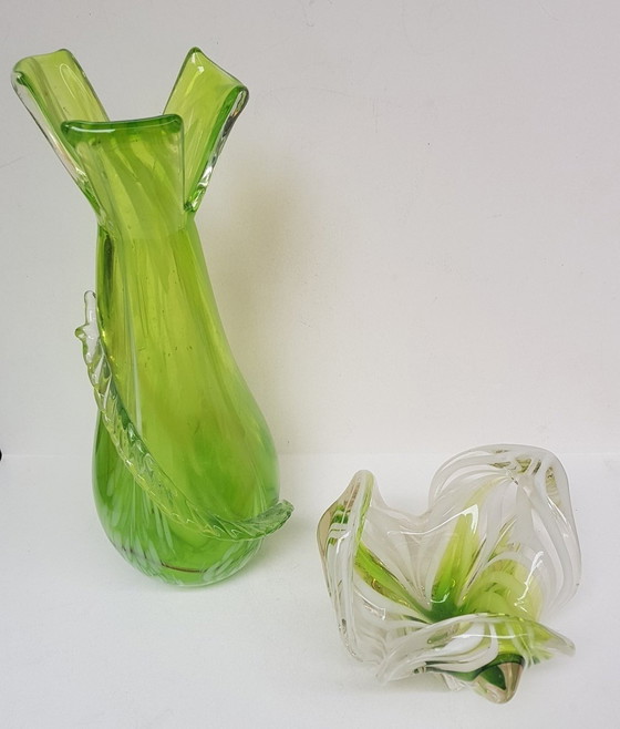 Image 1 of 2X Mid-Century Murano Glass Art Pieces Vase And Bowl