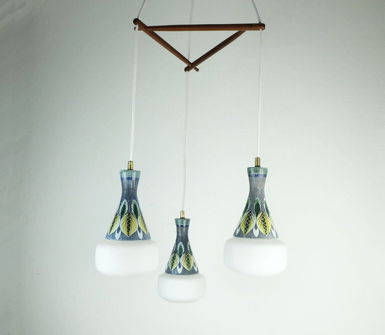 Image 1 of danish modern PENDANT LIGHT teak opaline glass ceramic 3-light hanging lamp 50s 60s