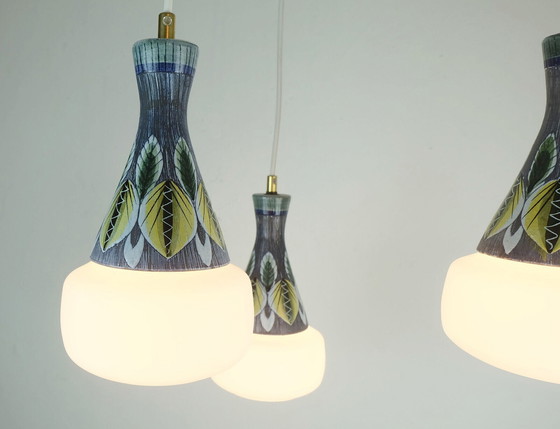 Image 1 of danish modern PENDANT LIGHT teak opaline glass ceramic 3-light hanging lamp 50s 60s