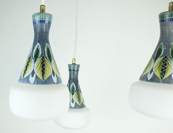 Image 1 of danish modern PENDANT LIGHT teak opaline glass ceramic 3-light hanging lamp 50s 60s