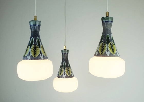 Image 1 of danish modern PENDANT LIGHT teak opaline glass ceramic 3-light hanging lamp 50s 60s