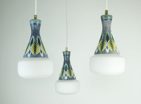 Image 1 of danish modern PENDANT LIGHT teak opaline glass ceramic 3-light hanging lamp 50s 60s