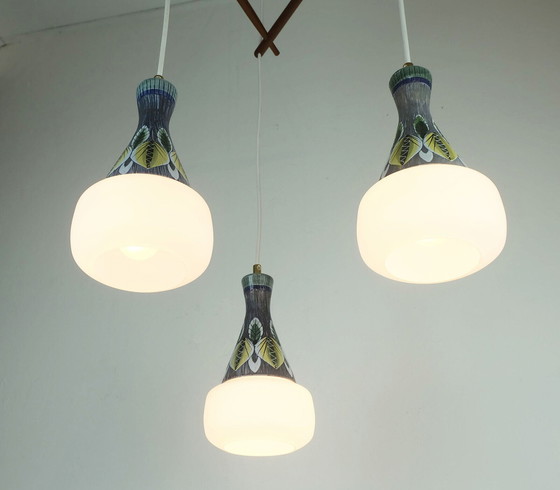 Image 1 of danish modern PENDANT LIGHT teak opaline glass ceramic 3-light hanging lamp 50s 60s