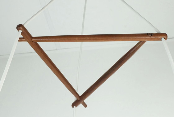 Image 1 of danish modern PENDANT LIGHT teak opaline glass ceramic 3-light hanging lamp 50s 60s