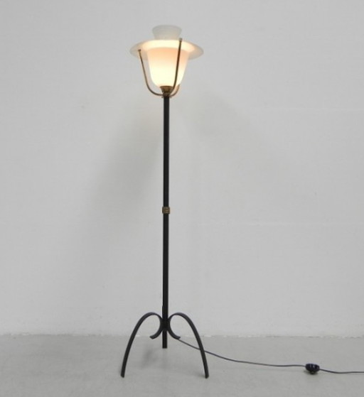 Standing vintage lamp with glass shade and perforated steel shade