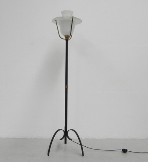 Standing vintage lamp with glass shade and perforated steel shade