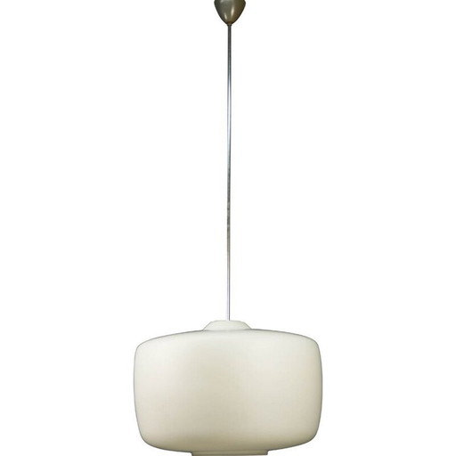 Minimalist vintage hanging lamp in white opal glass, Czechoslovakia 1960