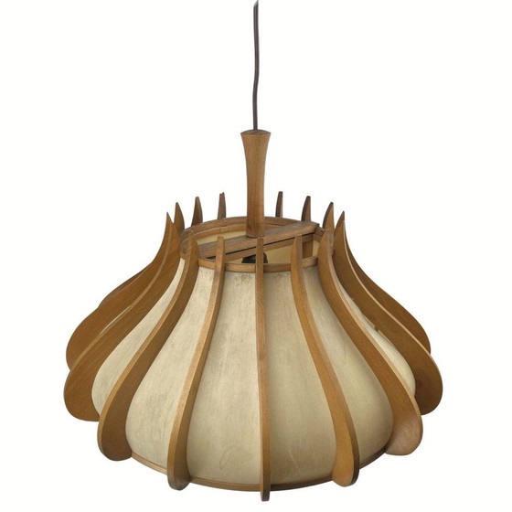 Image 1 of Space Age Ufo Teak And Linen Pendant Lamp