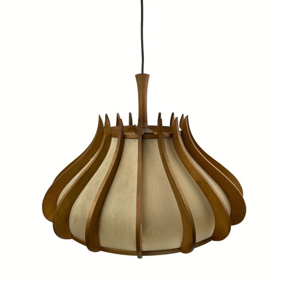 Image 1 of Space Age Ufo Teak And Linen Pendant Lamp