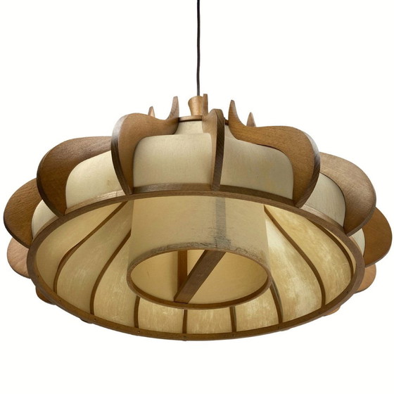 Image 1 of Space Age Ufo Teak And Linen Pendant Lamp