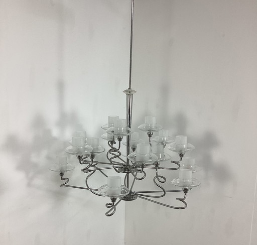 Large Italian Design Chandelier Chrome And Glass