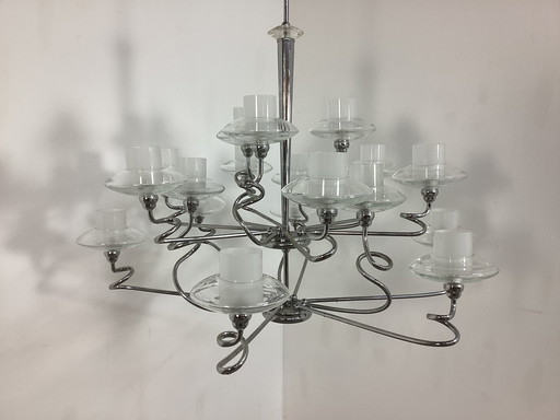 Large Italian Design Chandelier Chrome And Glass