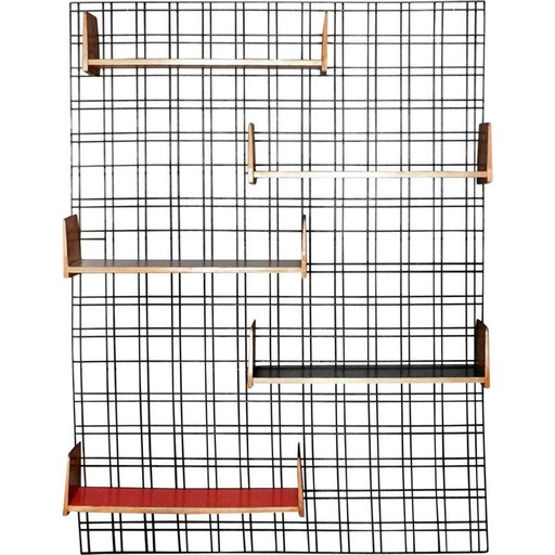 Vintage black lacquered iron wall bookcase with five adjustable shelves from the PFR studio by Gio Ponti, 1950