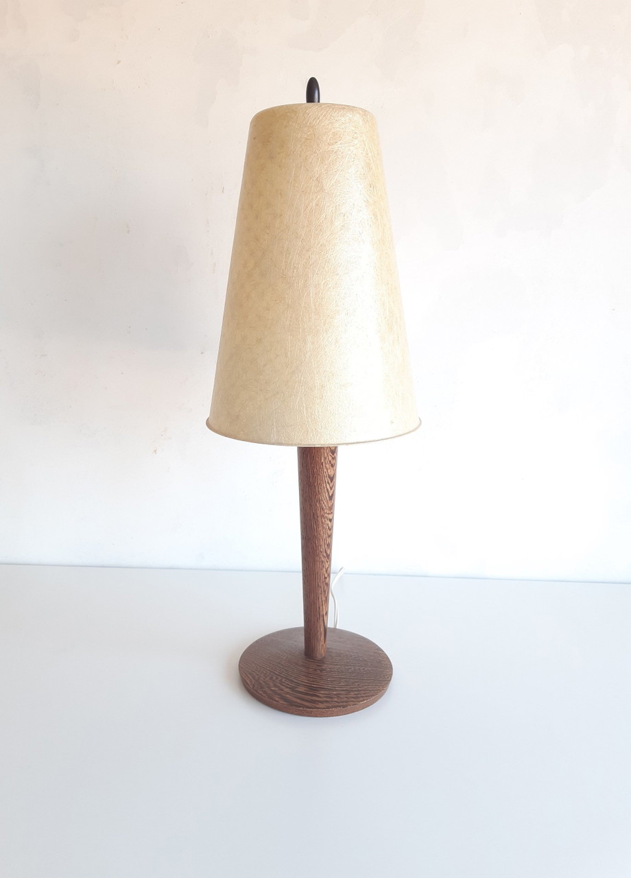 Mid - Century Table Lamp With Wooden Lamp Base And Fiberglass