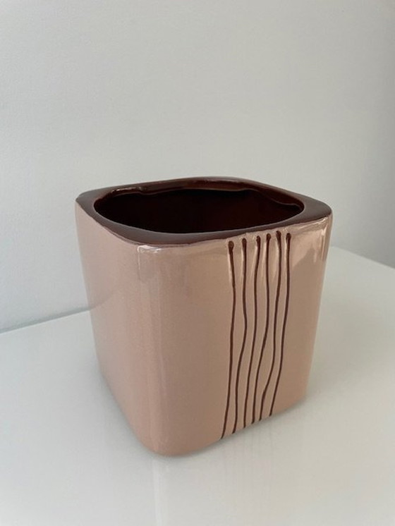 Image 1 of Modern Design Planter Nude/Brown Ceramic Striped Design