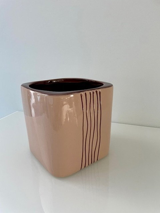 Image 1 of Modern Design Planter Nude/Brown Ceramic Striped Design