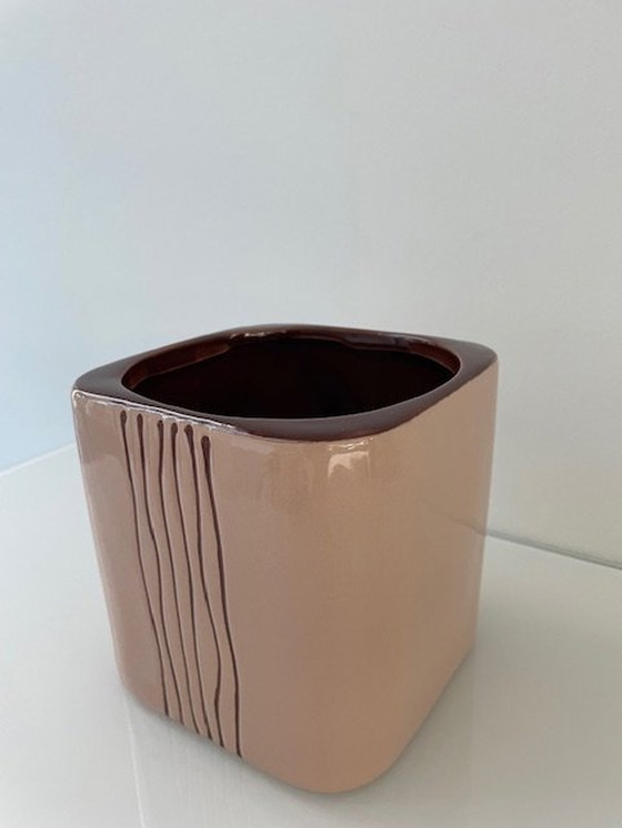 Image 1 of Modern Design Planter Nude/Brown Ceramic Striped Design