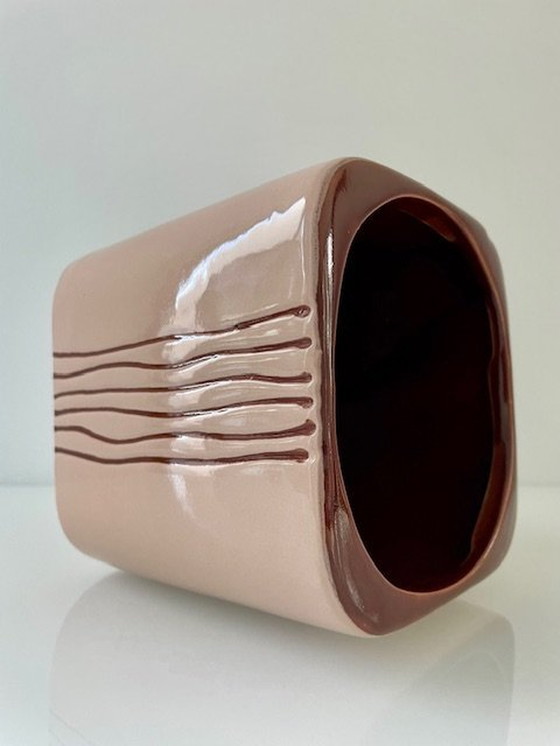 Image 1 of Modern Design Planter Nude/Brown Ceramic Striped Design