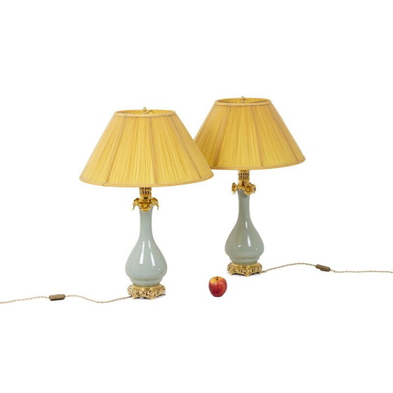Image 1 of Pair of vintage celadon porcelain and bronze lamps, 1880