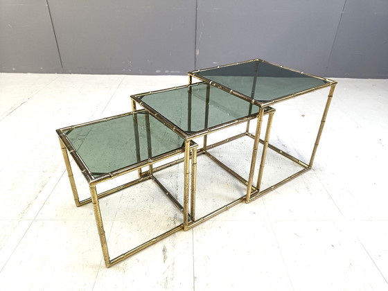 Image 1 of Brass Faux Bamboo Nesting Tables, 1960S