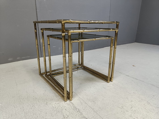 Image 1 of Brass Faux Bamboo Nesting Tables, 1960S