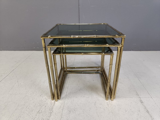 Image 1 of Brass Faux Bamboo Nesting Tables, 1960S