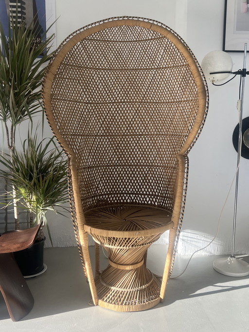 Silla de mimbre vintage de pavo real bohemio