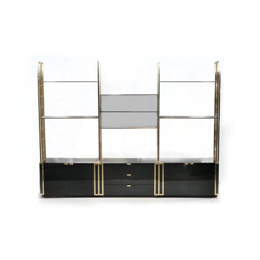 Vintage bookcase in black lacquer, brass and glass by Kim Moltzer, 1970