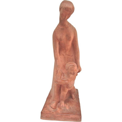 Woman and child in vintage plaster with terracotta patina, 1960