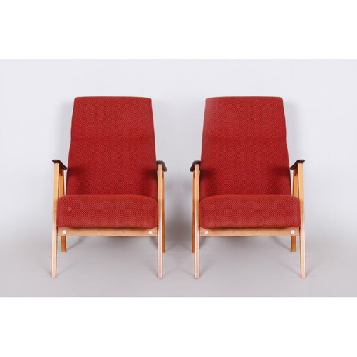 Pair of vintage armchairs in red by Jaroslav Smidek, Czechoslovakia 1950