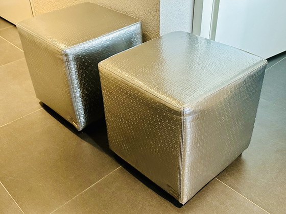 Image 1 of Fendi Casa Pouf Hocker Stool Silver Printed Ff- Leather Set