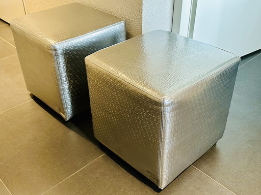 Fendi Casa Pouf Hocker Stool Silver Printed Ff- Leather Set