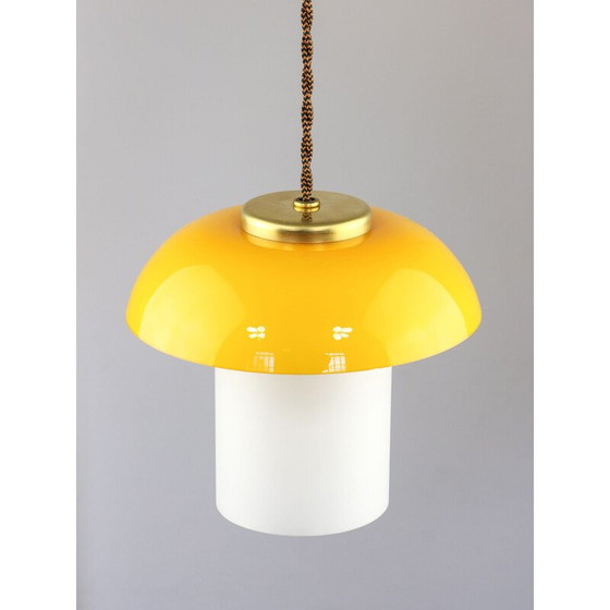 Image 1 of Mid-century yellow glass and brass pendant lamp