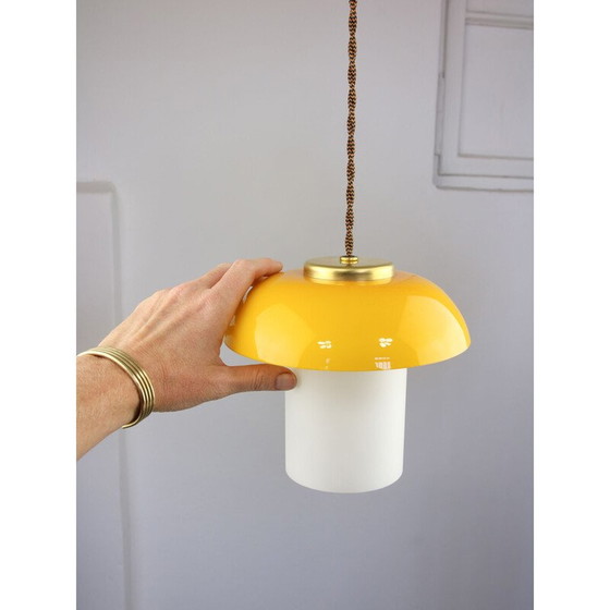 Image 1 of Mid-century yellow glass and brass pendant lamp