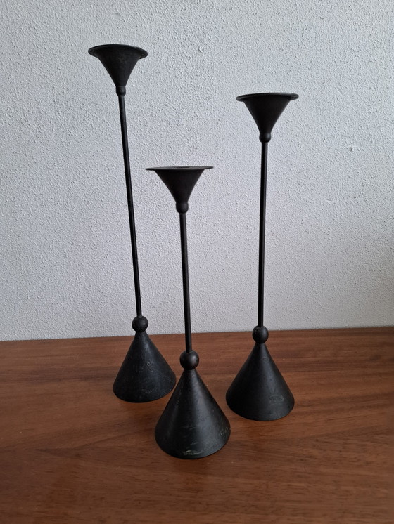 Image 1 of 3x Tall Brass Candlesticks Memphis Milano Style 1980s