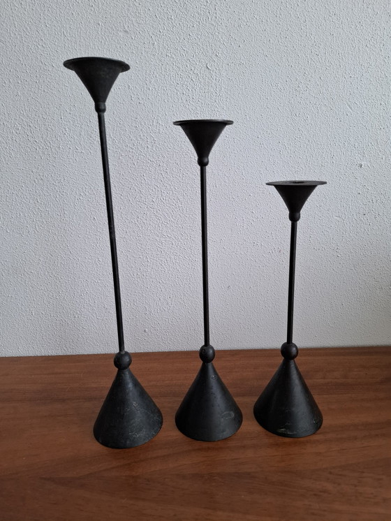 Image 1 of 3x Tall Brass Candlesticks Memphis Milano Style 1980s