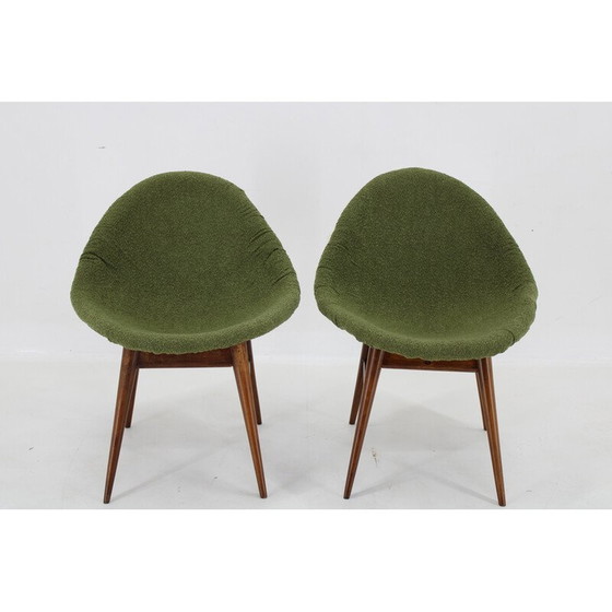 Image 1 of Coppia di sedie vintage a conchiglia in legno e tessuto Boucle verde, Cecoslovacchia 1960