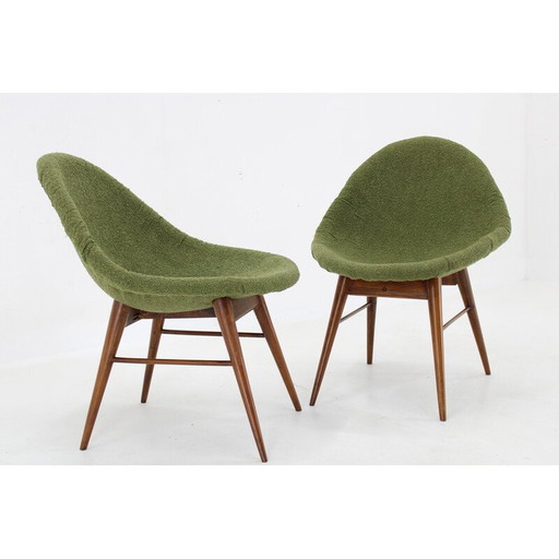 Pair of vintage shell chairs in wood and green Boucle fabric, Czechoslovakia 1960
