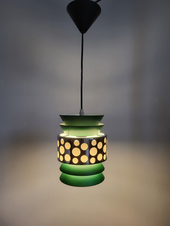 Image 1 of Space Age Pendant Lamp, Green Metal, Chromé, Massive, Belgium, 1960s-1970s