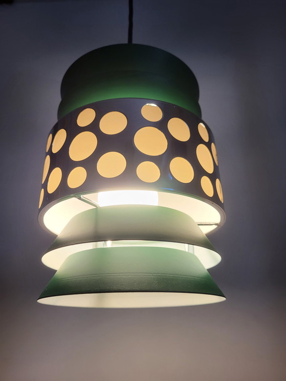 Image 1 of Space Age Pendant Lamp, Green Metal, Chromé, Massive, Belgium, 1960s-1970s