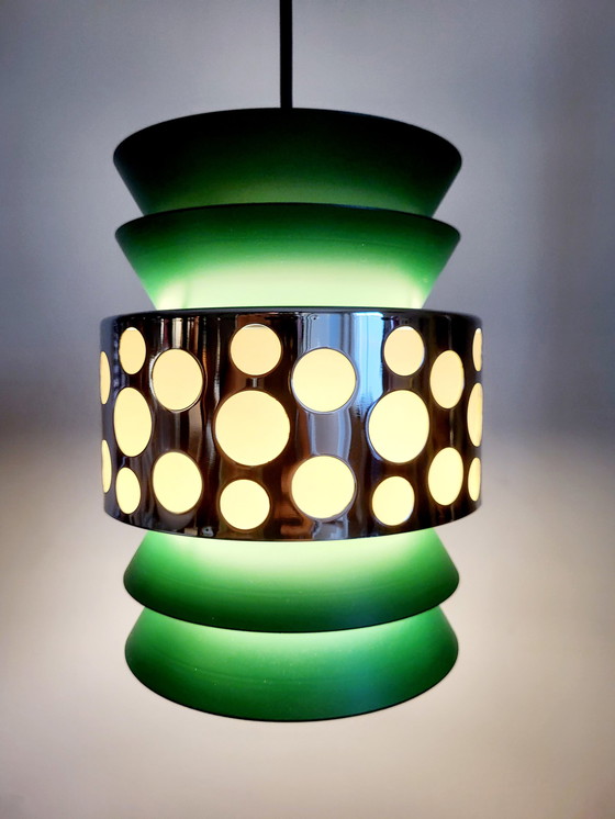 Image 1 of Space Age Pendant Lamp, Green Metal, Chromé, Massive, Belgium, 1960s-1970s