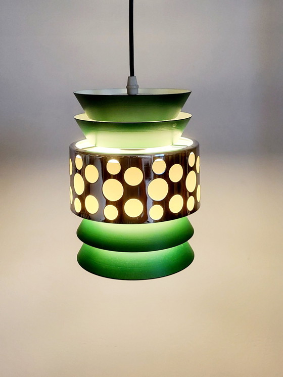 Image 1 of Space Age Pendant Lamp, Green Metal, Chromé, Massive, Belgium, 1960s-1970s