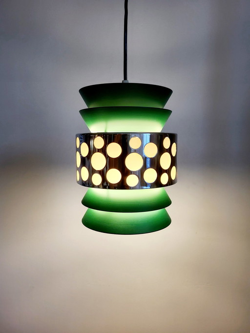 Space Age Pendant Lamp, Green Metal, Chromé, Massive, Belgium, 1960s-1970s