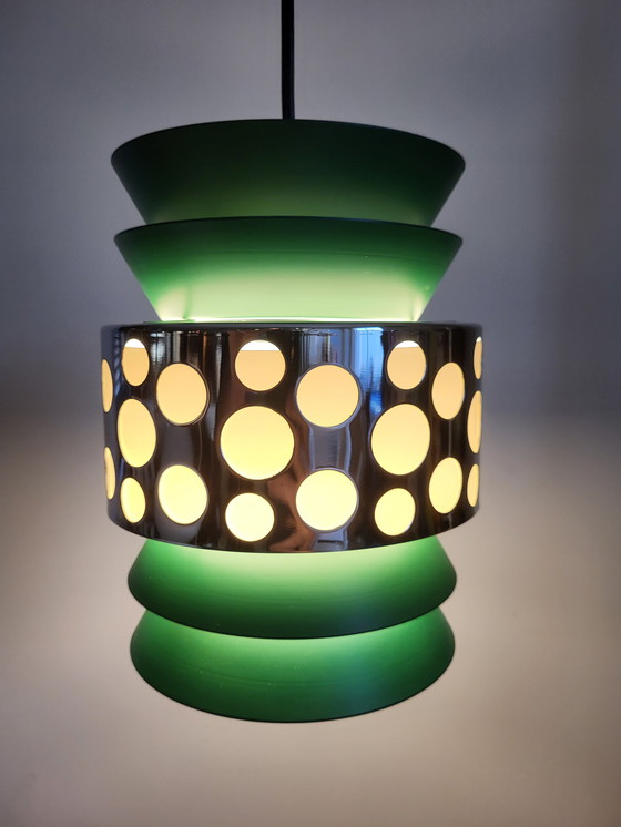 Image 1 of Space Age Pendant Lamp, Green Metal, Chromé, Massive, Belgium, 1960s-1970s